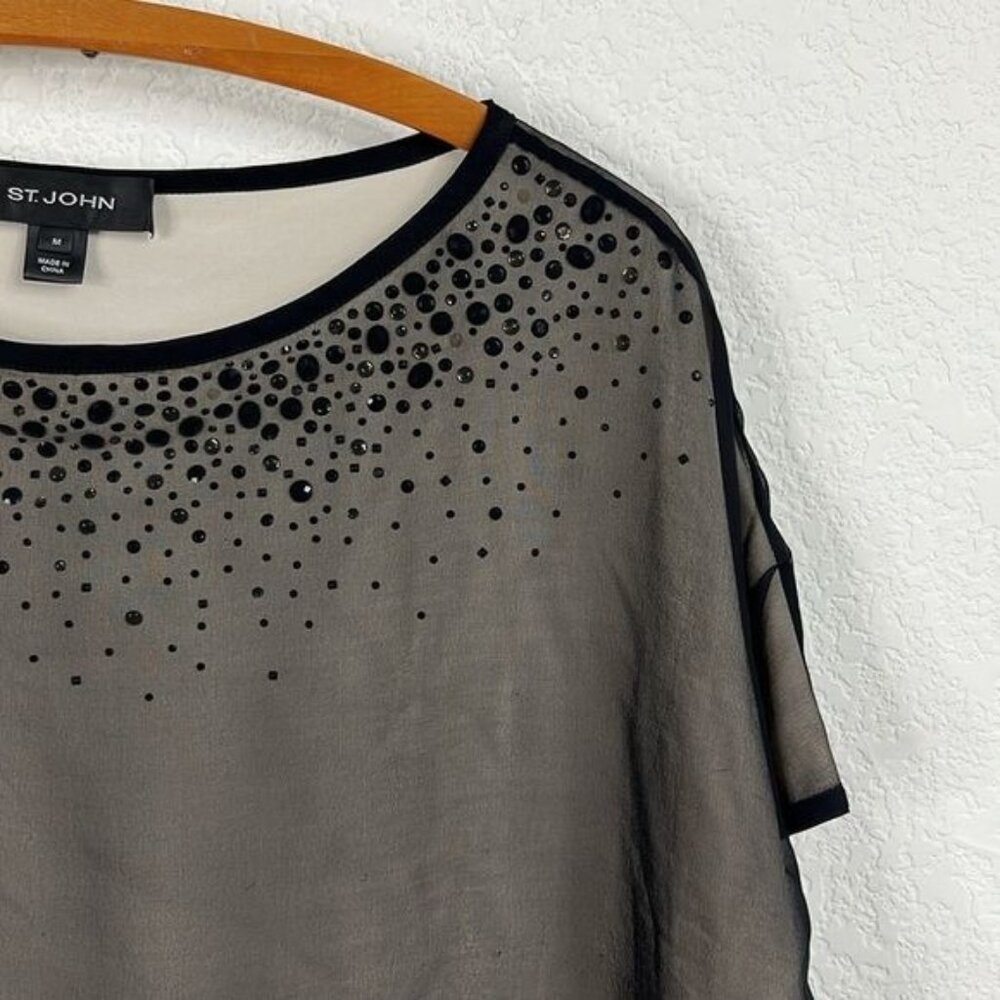 St John Sheer Silk Beaded Top Black
